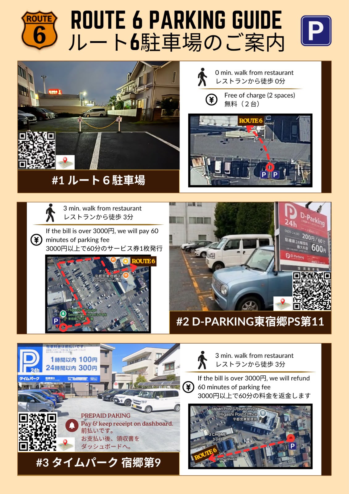Route 6 parking guide with three nearby options — on-site free parking, D-Parking Higashishukugo, and Time Park Shukugo